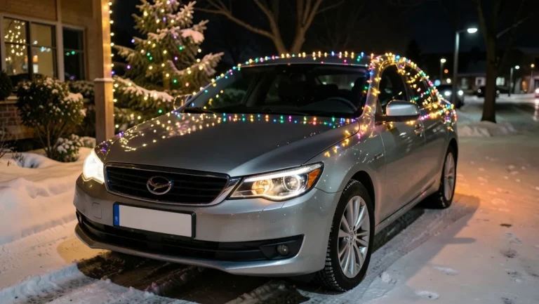 Car decorated with multicolor Christmas LED string lights parked outside at night in the snow
