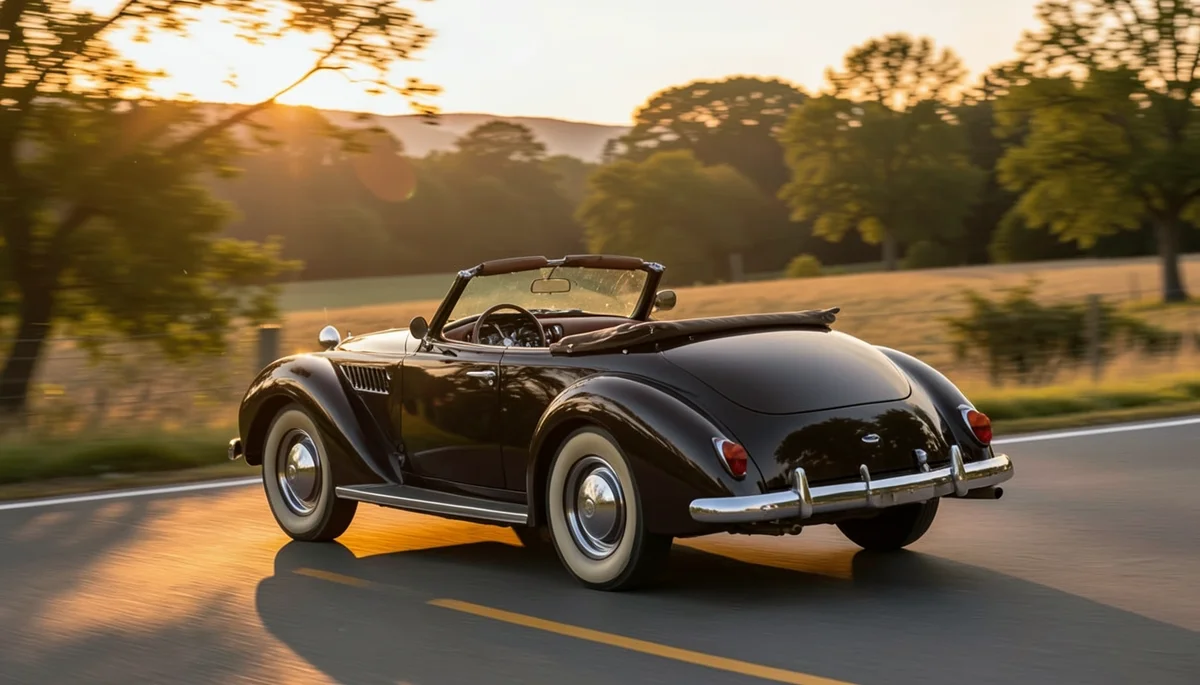 Classic antique convertible car driving on a countryside road at sunset