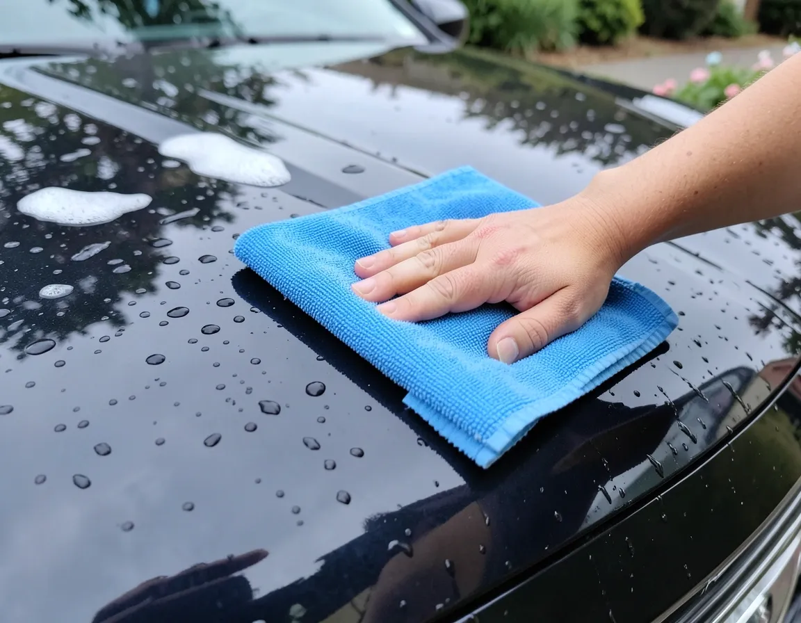 Hand using a blue microfiber clay towel to wipe down a soapy car hood