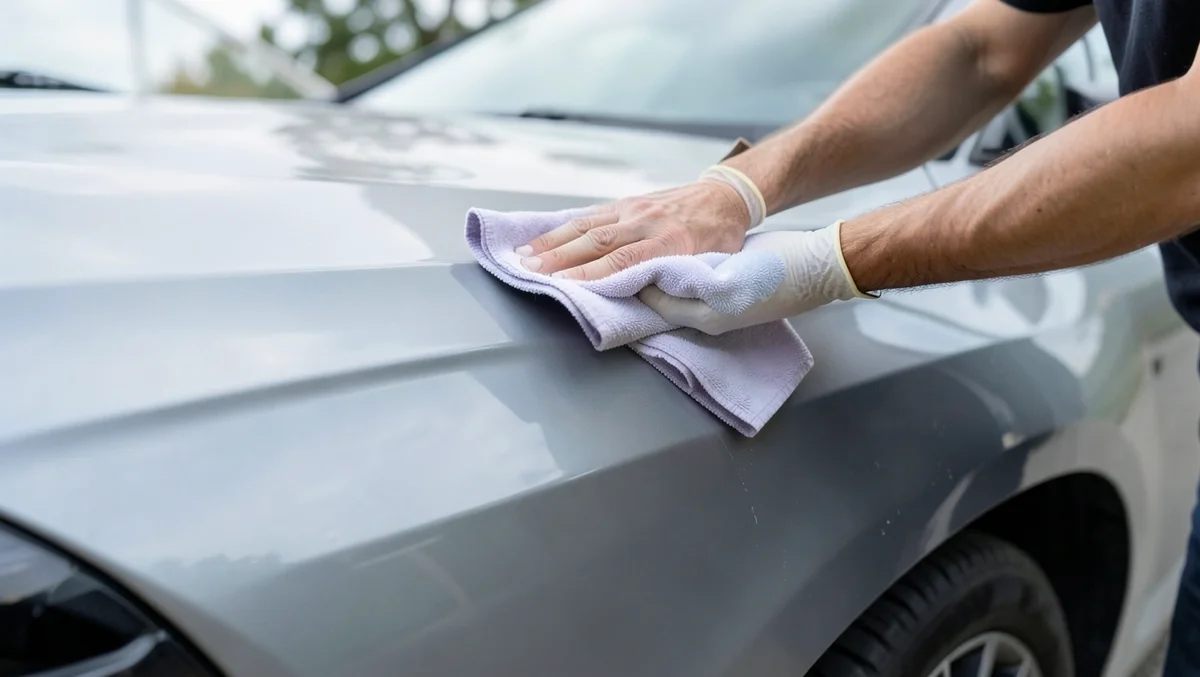 Person wiping down a car hood with a microfiber cloth to prep it before a trade-in appraisal