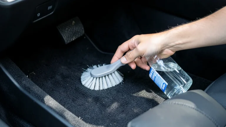 Hand scrubbing dark car carpet with a soft-bristle brush and spray bottle of cleaning solution