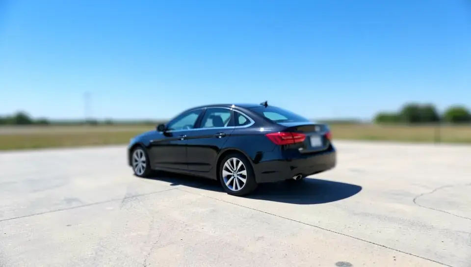 Clean dark sedan parked in an open area away from trees to avoid bird droppings