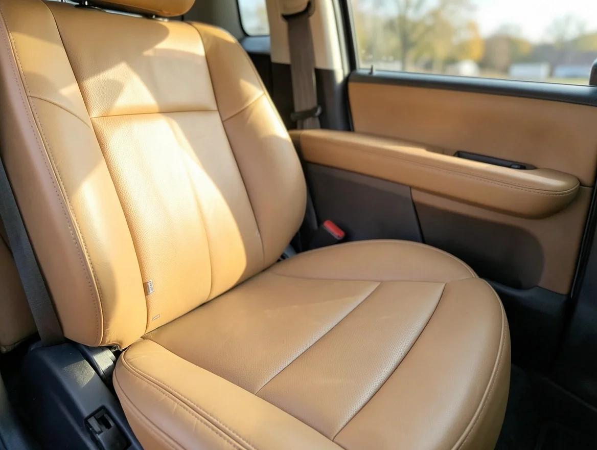 Clean tan leather car seats in a well-maintained vehicle interior