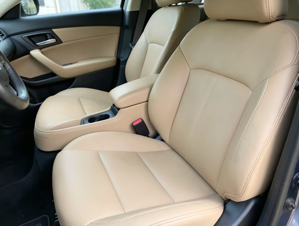 Clean tan leather car seats and center console in a well-maintained car interior
