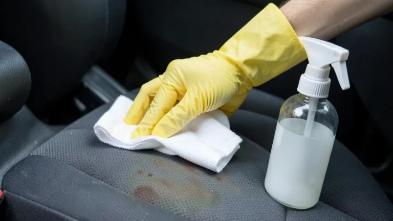 Person cleaning a fresh vomit stain off a fabric car seat with a microfiber cloth and spray cleaner