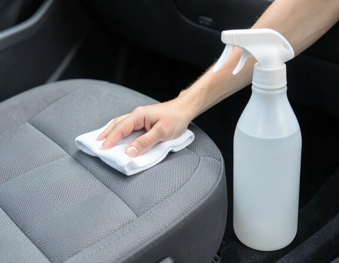 Wiping a cloth car seat cushion clean with a microfiber towel and spray bottle