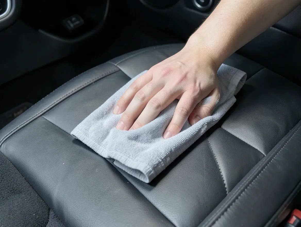 Wiping a black leather car seat clean with a soft microfiber cloth