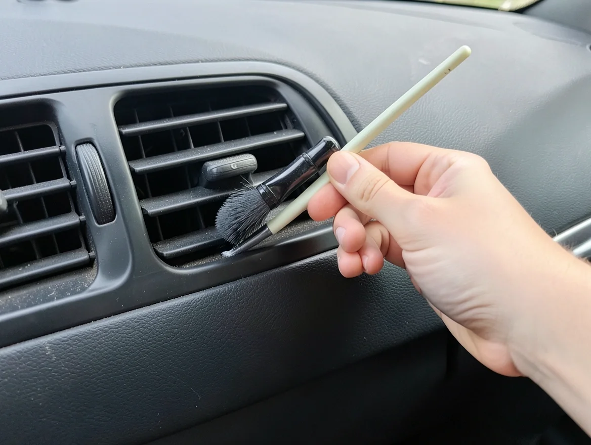 Hand using a small soft-bristle detailing brush to clean dust from a car dashboard air vent
