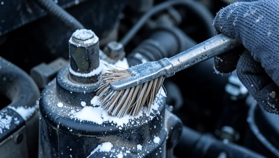 Wire brush cleaning a frosted car battery terminal in cold weather