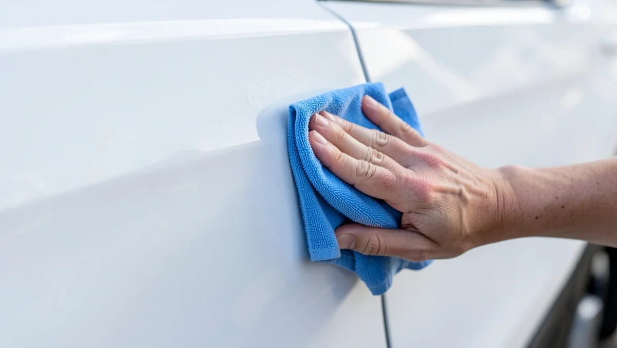 Wiping down a car door panel with a microfiber cloth before applying a magnet