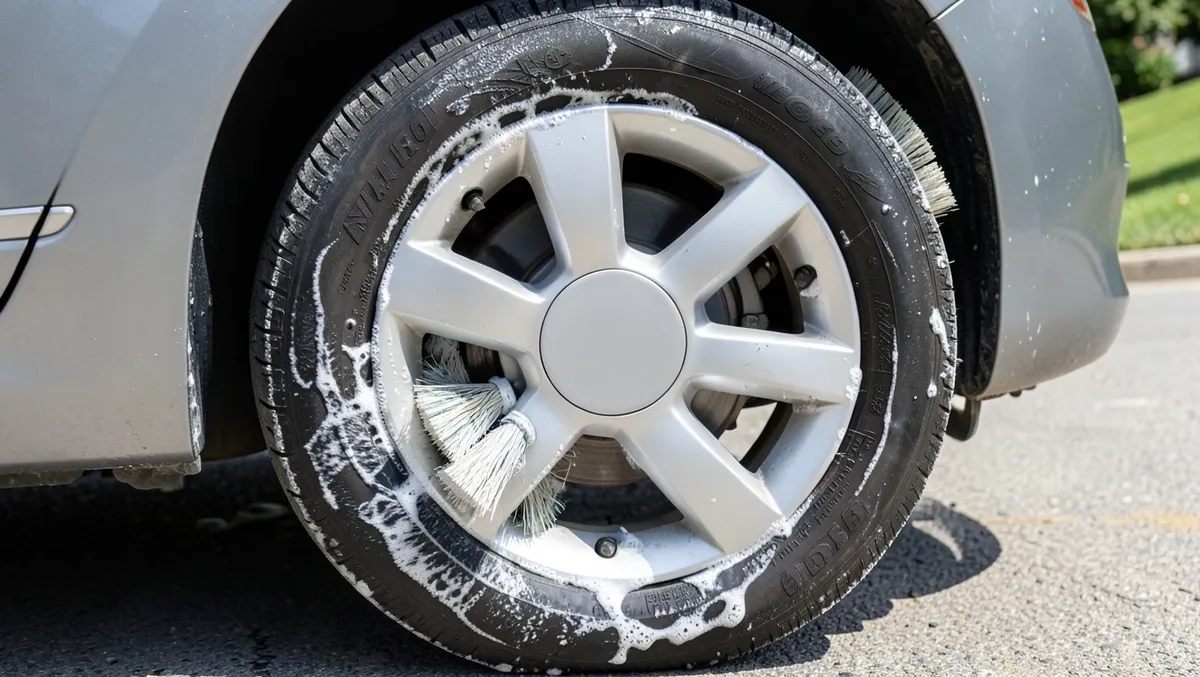 Soft bristle brush cleaning soap suds off a car alloy wheel and tire