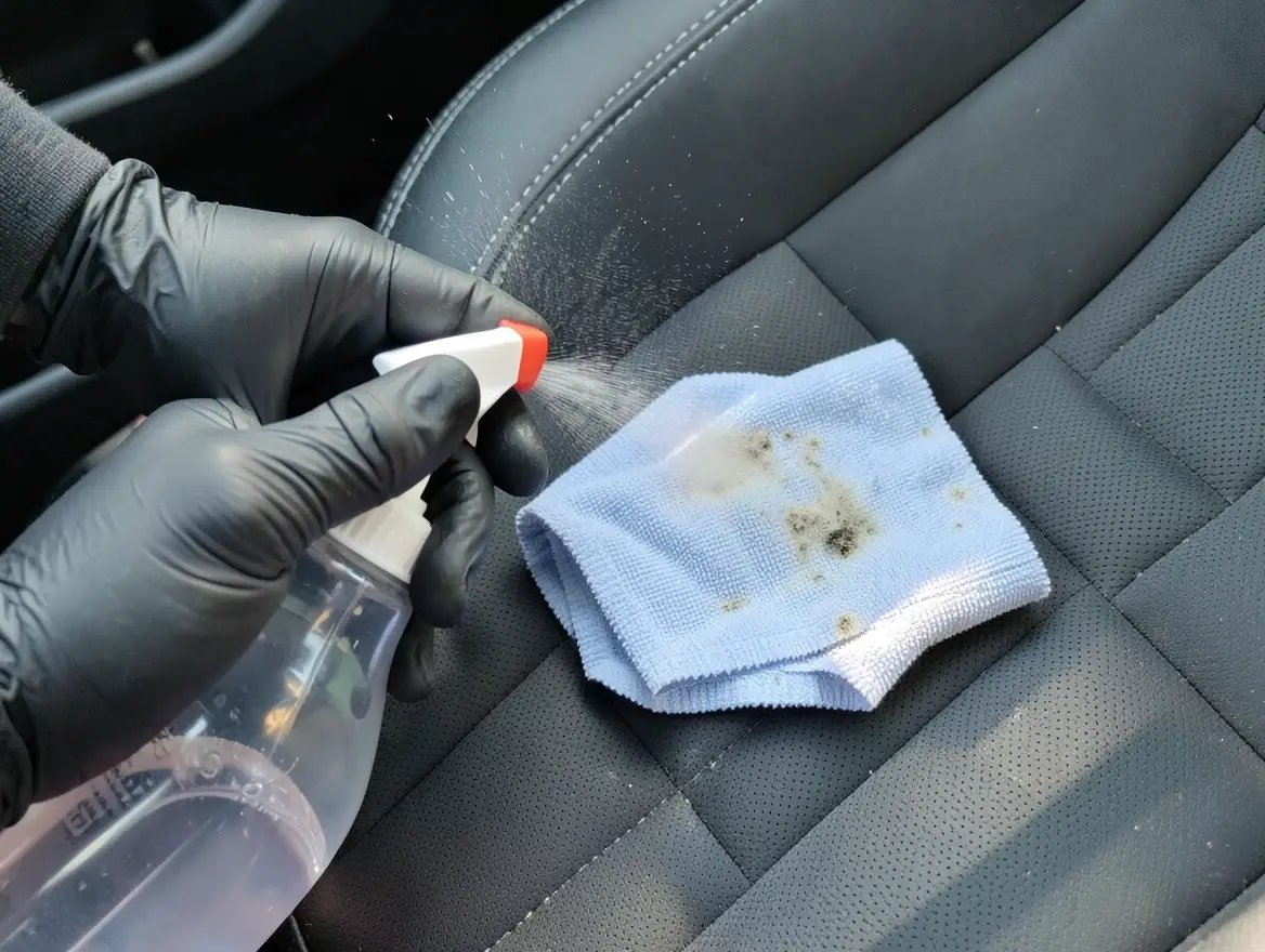 Wearing gloves while spraying and wiping mold off a car seat with a cleaning solution