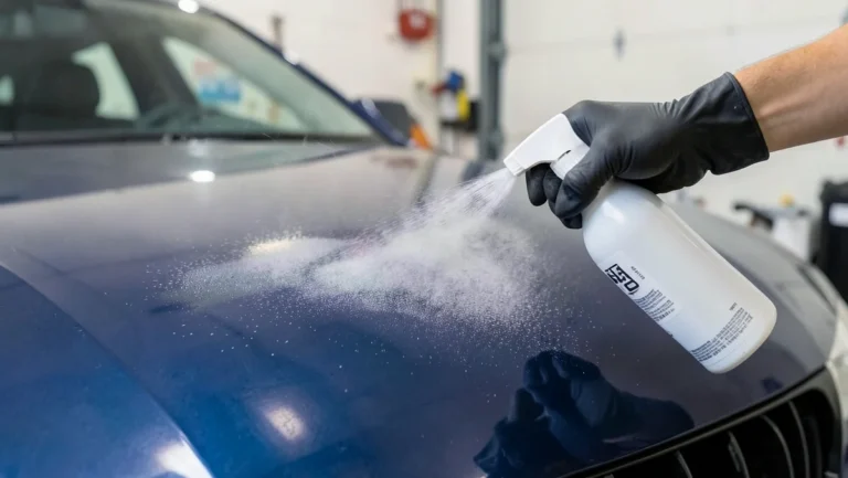 Gloved hand applying clear coat paint protectant spray to a car hood