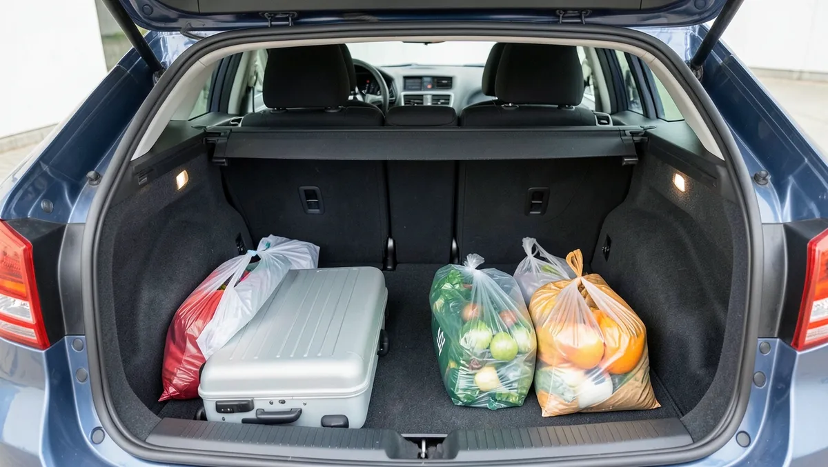 Open trunk of a compact car loaded with a rolling suitcase and several grocery bags, showing the extra cargo space over a smaller economy car