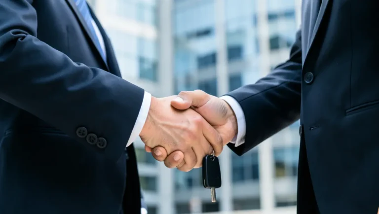 Business people shaking hands and exchanging company car keys