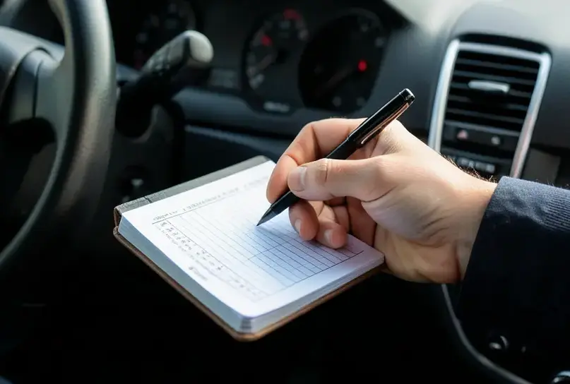 Driver logging business mileage by hand in a paper mileage log book on the dashboard