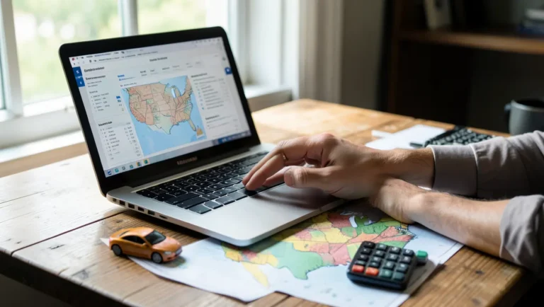 Comparing car insurance rates by state on a laptop with a US map and calculator