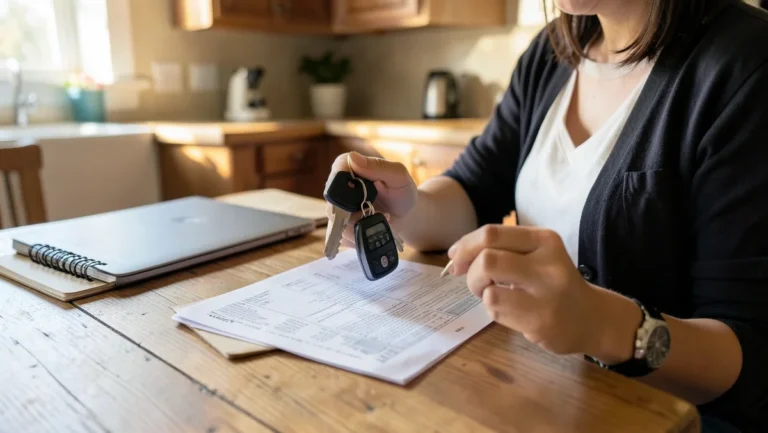 Person reviewing printed car insurance documents and holding car keys at a kitchen table