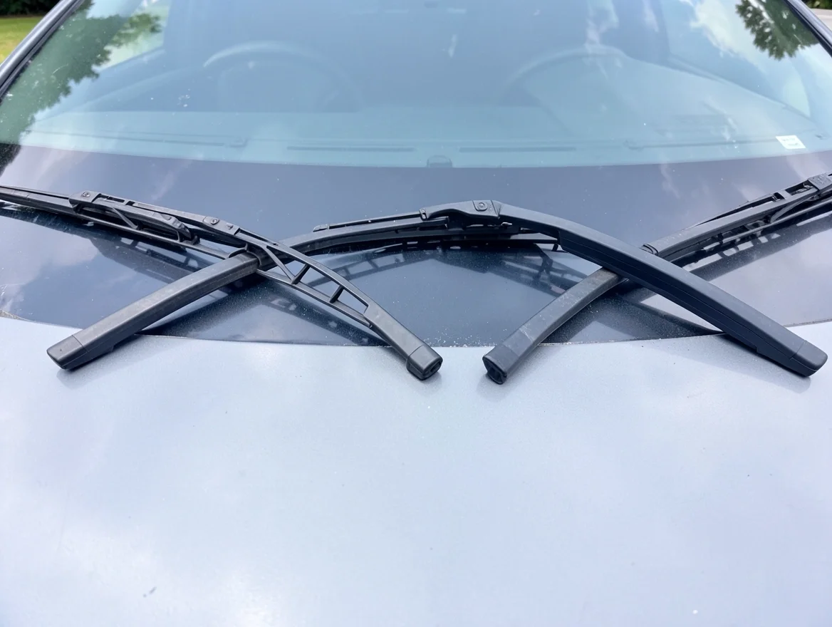 Conventional metal-frame wiper blade next to a beam-style wiper blade for comparison