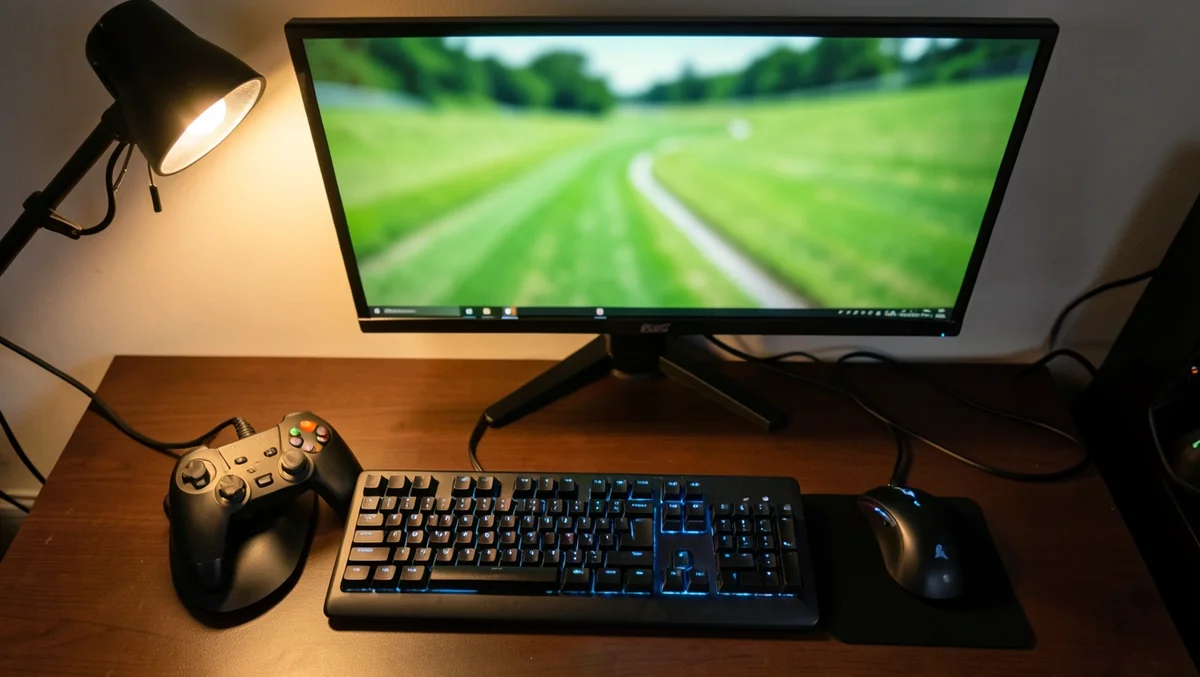 PC gaming desk with a wheel controller, keyboard, and mouse set up for playing car racing games