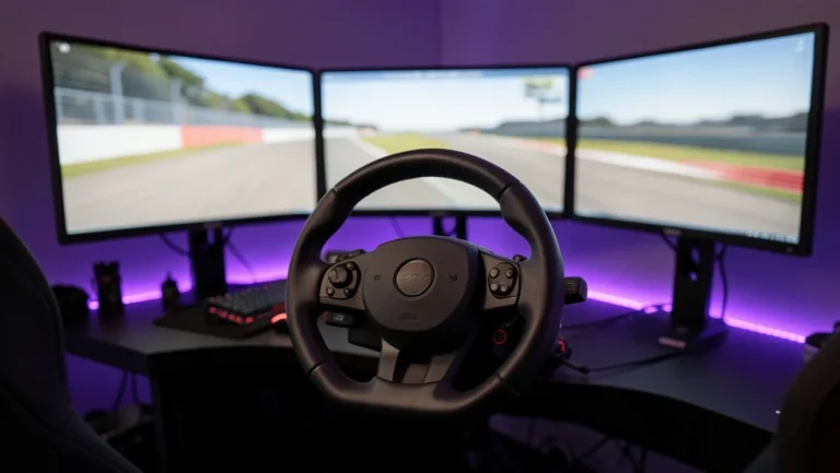 Racing sim cockpit with a steering wheel and triple monitors, representing the best cool car games for PC