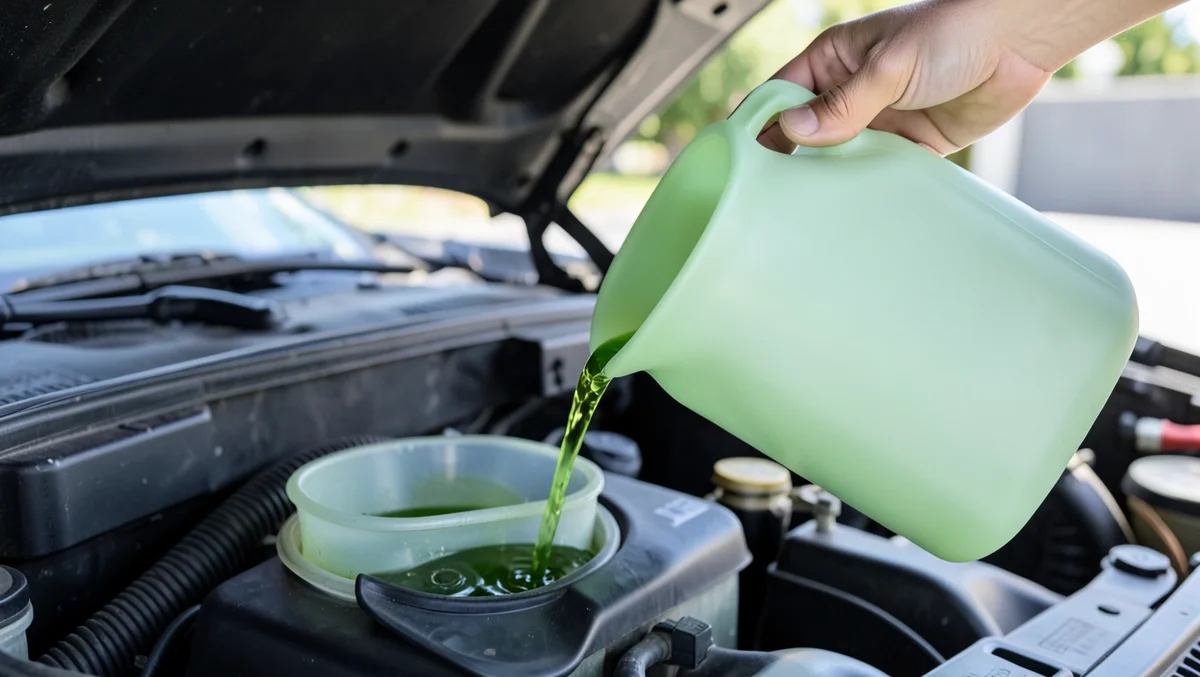 Green coolant antifreeze being poured into a car radiator overflow reservoir under an open hood