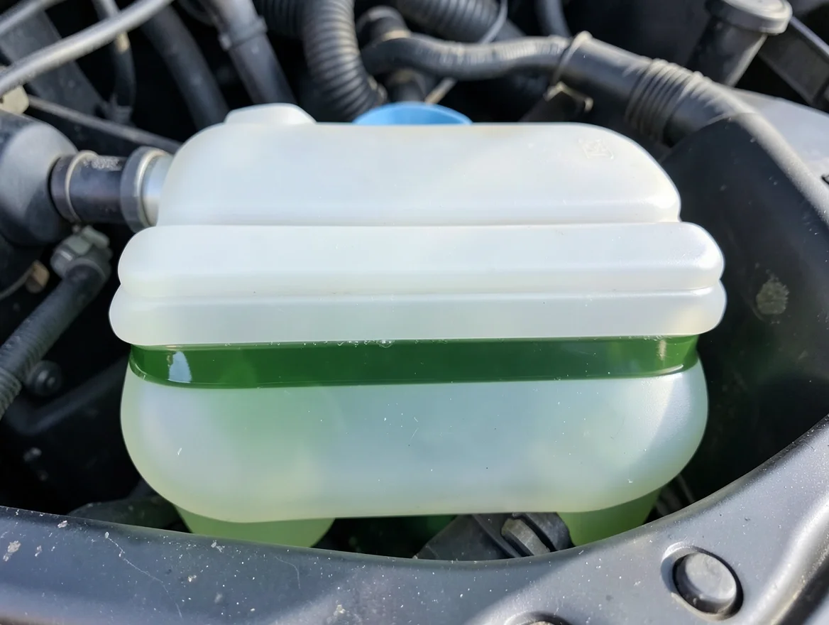 Close-up of a car coolant overflow reservoir tank showing the fluid level between the fill marks