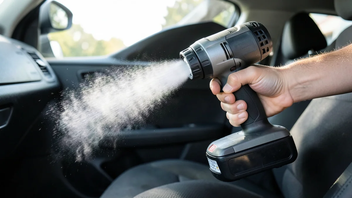Battery-powered cordless steam cleaner being used to clean a car seat, releasing visible steam