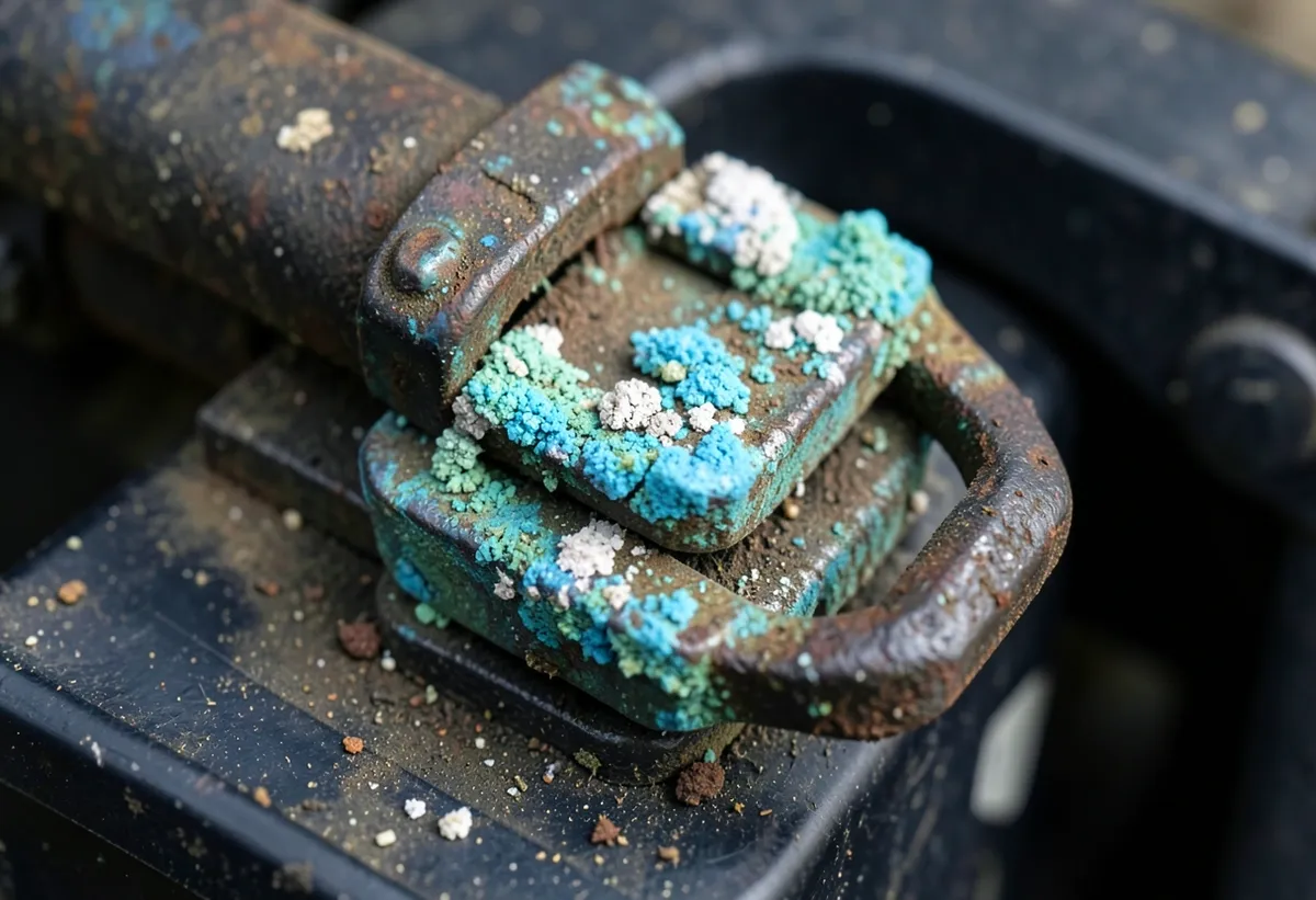 Car battery terminal covered in thick blue-green and white corrosion buildup around the clamp
