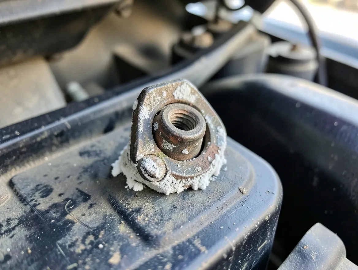 Close-up of a corroded car battery terminal covered in white powdery buildup