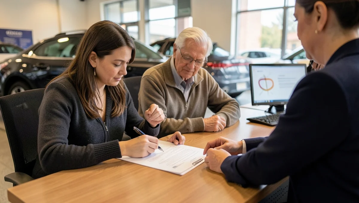 Buyer and cosigner reviewing and signing car loan paperwork at a dealership