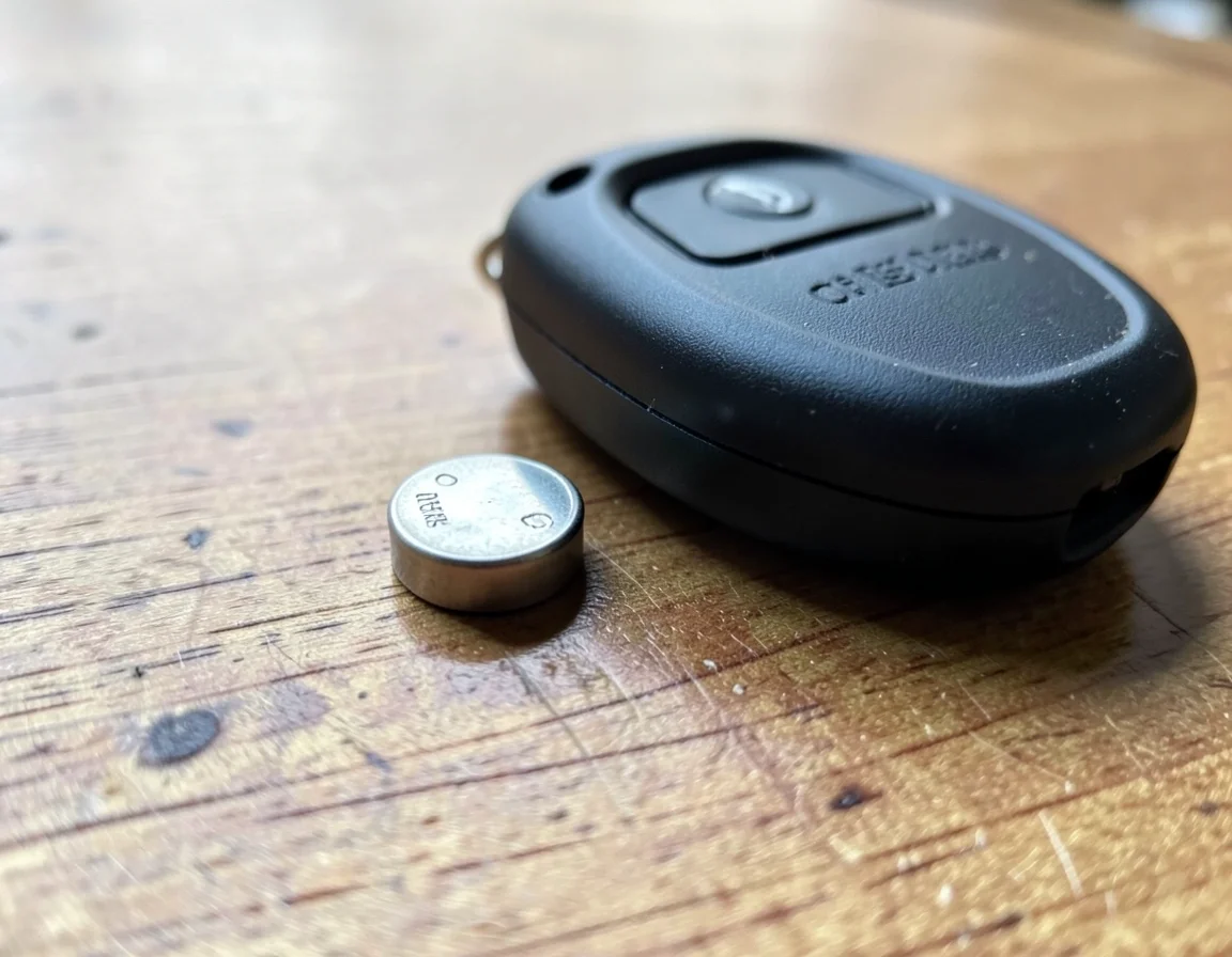 CR2032 coin cell battery next to a car key fob remote on a table
