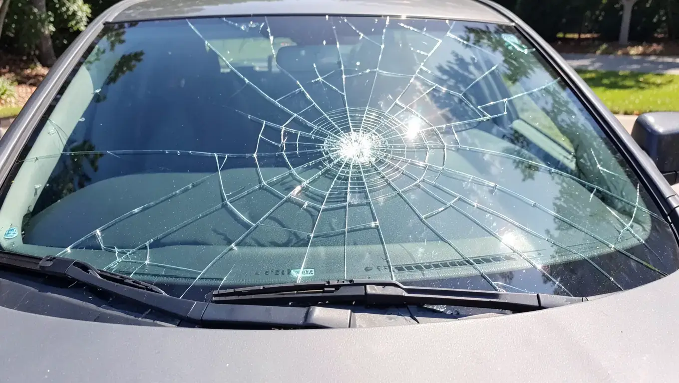 Cracked car windshield with a spiderweb break pattern, a common insurance claim scenario