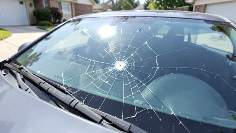 Cracked car windshield with spiderweb damage from a rock chip