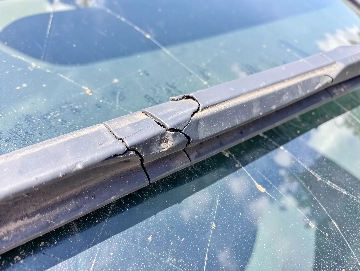 Close-up of a cracked, worn windshield wiper blade rubber edge causing streaking