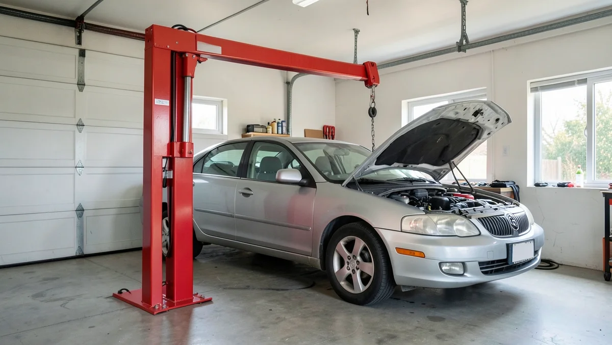 Portable red engine hoist crane lifting an engine out of a car with the hood open in a home garage