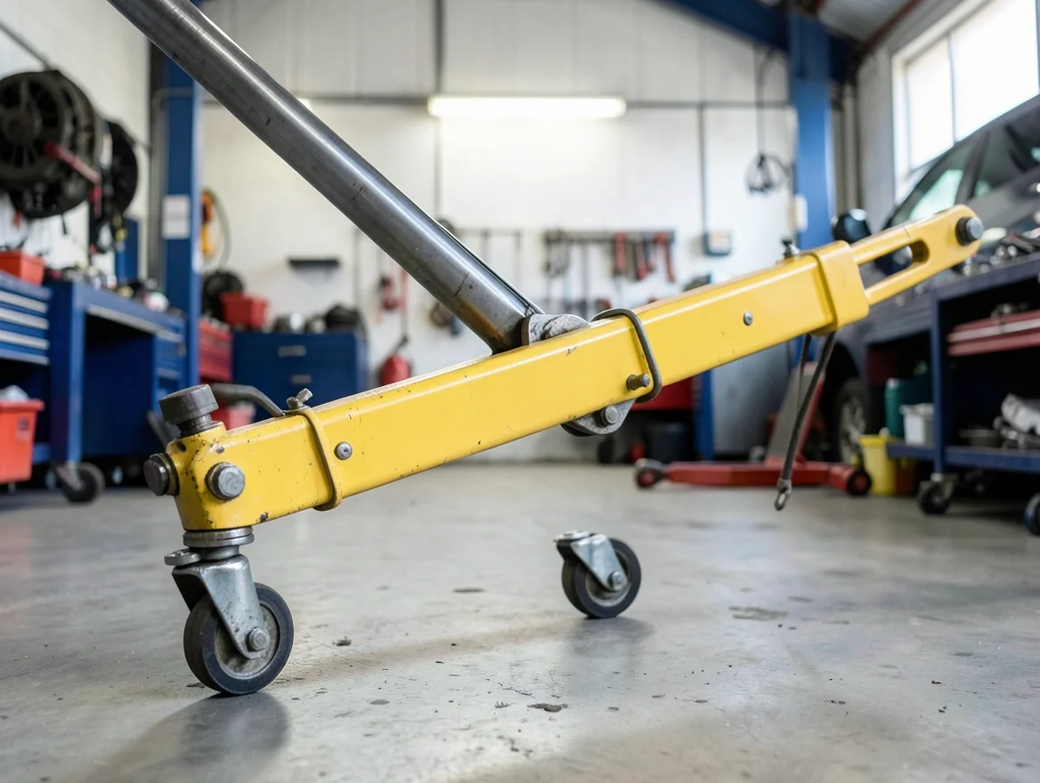 Close-up of a hydraulic engine hoist crane's folding boom and swivel caster wheels in a garage