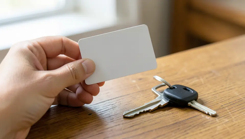 Hand holding a credit card next to a rental car key on a desk