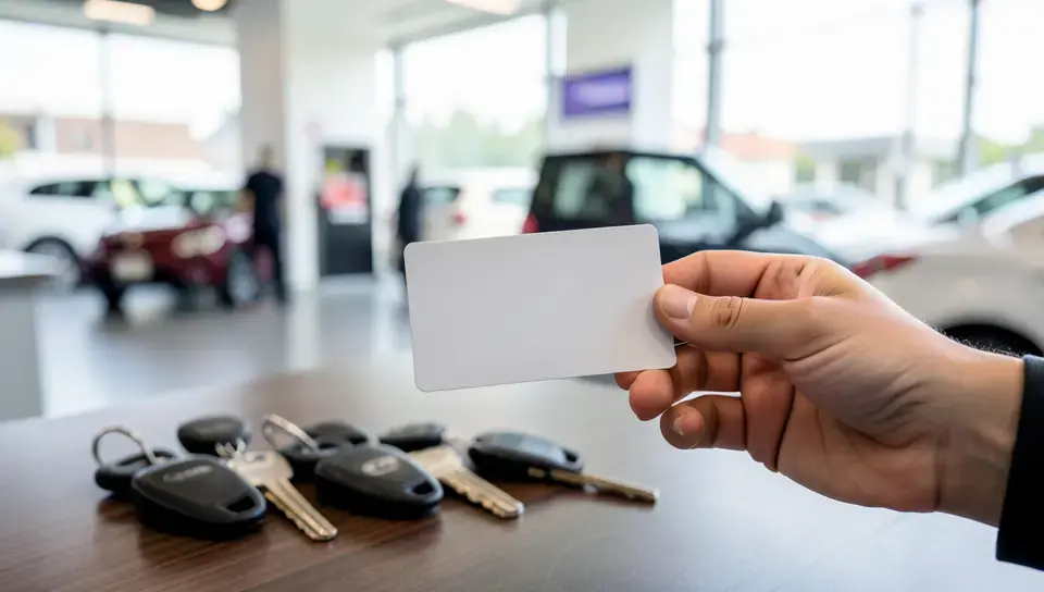 Renter handing a payment card to a rental car counter agent with car keys on the desk