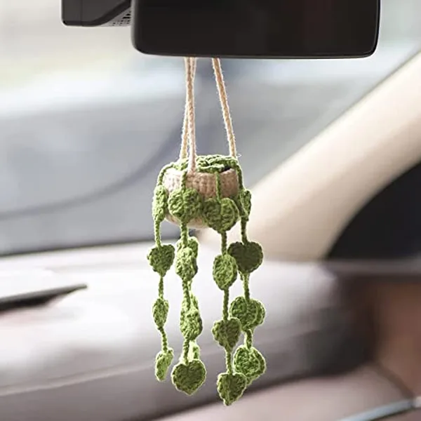 Handmade green crochet plant hanger ornament for car rearview mirror
