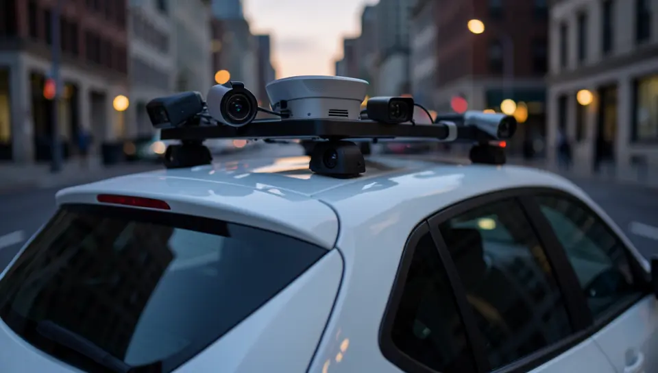 Roof-mounted lidar, radar, and camera sensor array on a self-driving test vehicle