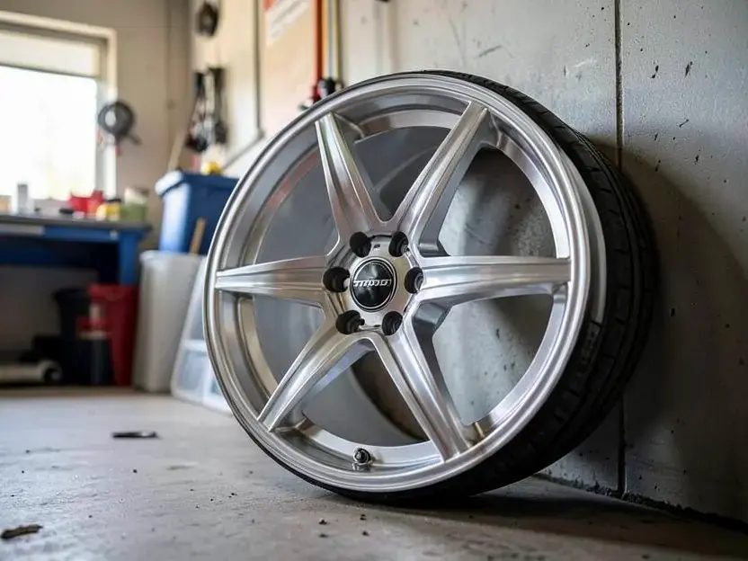 Close-up of a polished aluminum custom wheel and tire in a garage