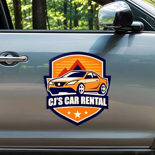 Shield-shaped full color custom die cut car door magnet sample installed on a sedan door