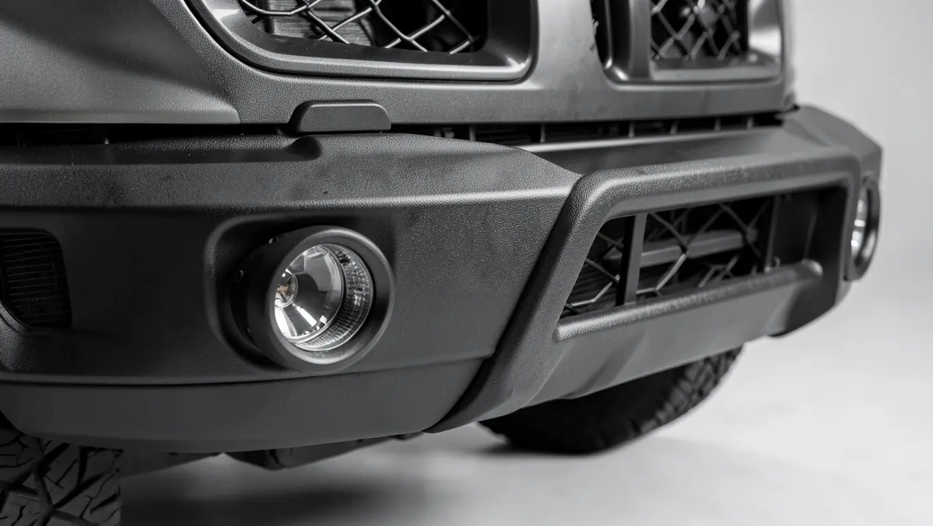 Custom off-road style front bumper with integrated fog lights and skid plate on a modified truck