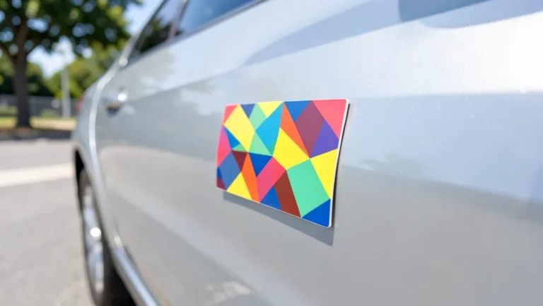 Colorful custom magnetic sign attached to a car door panel