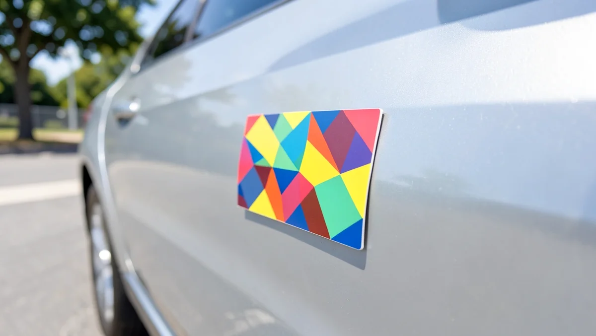 Colorful custom magnetic sign attached to a car door panel