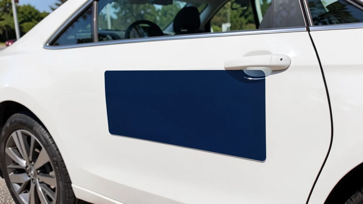 Blank navy magnetic sign panel attached to a white car door, ready for custom business printing