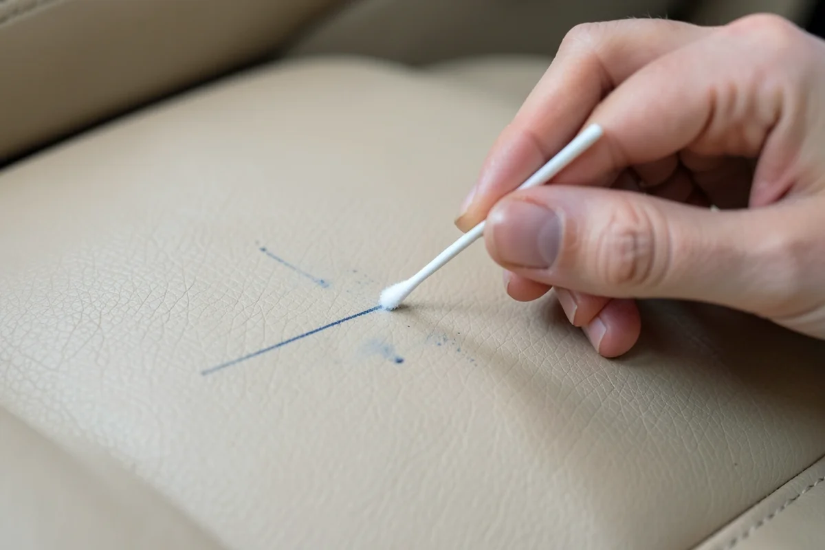 Cotton swab dampened with rubbing alcohol gently dabbing a ballpoint ink line on tan leather