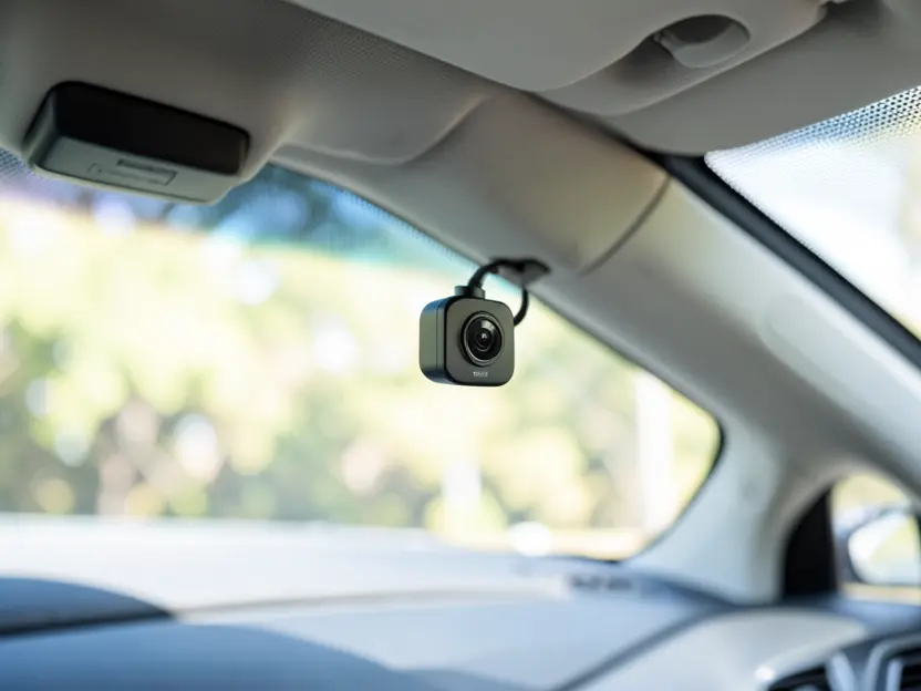 Dash cam mounted near the rearview mirror inside a car listed on Turo