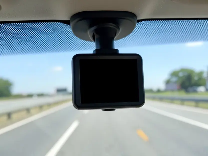 Dash camera mounted on a car windshield to help document accidents for insurance claims